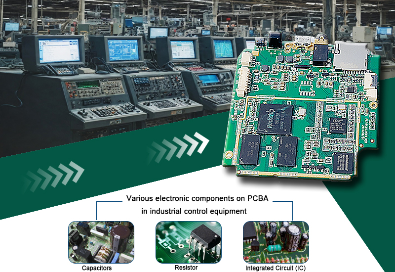 Various electronic components on PCB assembly in industrial control equipment